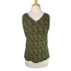 Vintage Y2K Brown Teal Floral Nylon Knit Top Sz Large Women OLD NAVY Perfect Fit